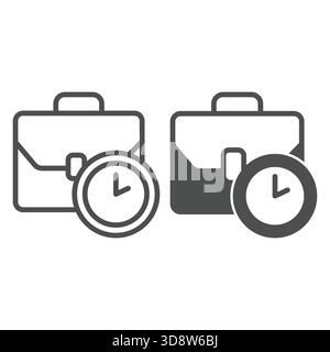 Briefcase with clock line and solid icon, remote work concept. Vector graphics. Portfolio bag and task schedule sign on white background, outline styl Stock Vector