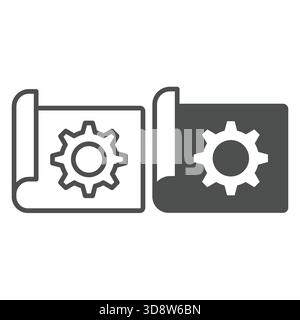 Project paper with gear line and solid icon, repair service concept. Vector graphics. Blueprint and cogwheel, engineering sign on white background, ou Stock Vector