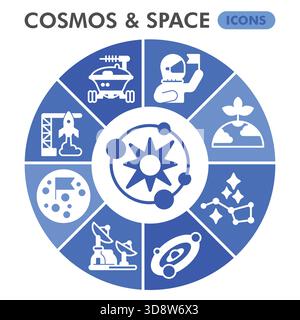 Cosmos symbols collection or sketches. Space exploration theme diagram pie in glyph style signs for web and app. Vector graphics isolated on white bac Stock Vector