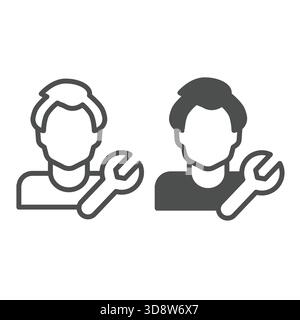 Mechanic guy and wrench line and solid icon, repair service concept. Vector graphics. Master man with repair tool sign on white background, outline st Stock Vector