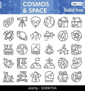 Cosmos symbols collection or sketches. Space exploration theme bar in line style signs for web and app. Vector graphics isolated on white background Stock Vector