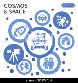 Cosmos symbols collection or sketches. Space exploration theme bubbles in glyph style signs for web and app. Vector graphics isolated on white backgro Stock Vector