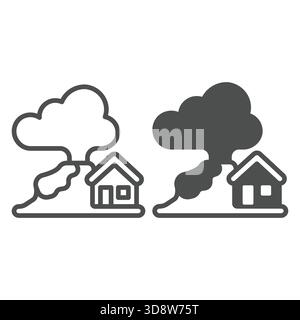 Erupting volcano with cloud and house line and solid icon, climate change concept. Vector graphics. Volcano with building, danger sign on white backgr Stock Vector