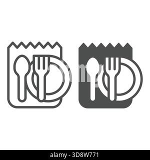Disposable plastic tableware line and solid icon, culinary cooking concept. Vector graphics. Plastic spoon, fork and paper bag sign on white backgroun Stock Vector