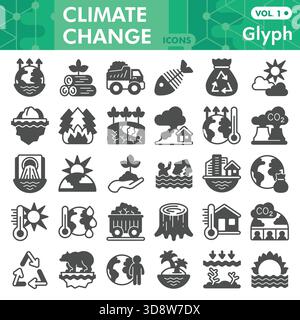 Climate change symbols collection or sketches, atmosphere theme bar in glyph style signs for web and app. Vector graphics isolated on white background Stock Vector
