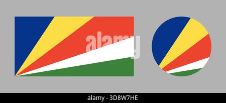 Seychelles flag circle, rectangle icons set. Official colors and proportions. Flag of Seychelles rectangular, round button, badge. Stock Vector