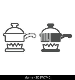 Frying pan with lid on fire line and solid icon, culinary concept. Vector graphics. Cooking pan heating sign on white background, outline style icon f Stock Vector