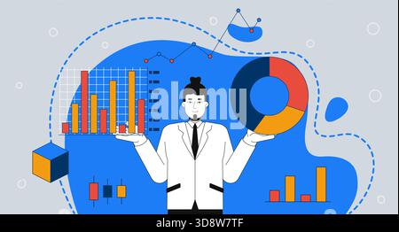 Data analyst with business charts 2D mixed media illustration Stock Vector