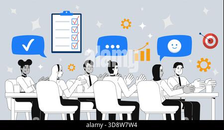 Productive team meeting and planning 2D mixed media illustration Stock Vector