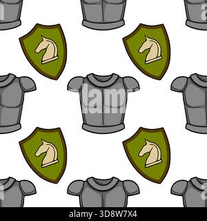 A repeating vector pattern featuring medieval knight's armor and shields with a horse emblem, rendered in a clean, graphic style. Stock Vector