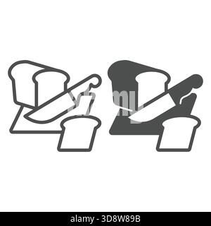 Sliced bread with knife on wooden board line and solid icon, culinary cooking concept. Vector graphics. Bread loaf slice, bakery sign on white backgro Stock Vector