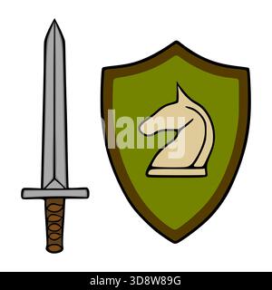 A stylized vector illustration featuring a medieval sword and a shield with a knight's chess piece silhouette. Stock Vector