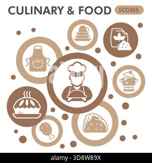 Cooking food symbols collection or sketches, culinary theme bubbles in glyph style signs for web and app. Vector graphics isolated on white background Stock Vector
