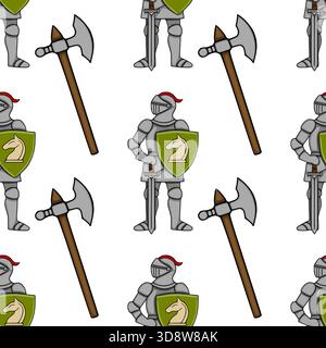 Seamless vector pattern of medieval knights in full armor with axes and shields featuring a horse emblem. Stock Vector