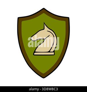 A simple vector illustration of a shield with a knight chess piece, featuring a beige horse head silhouette against a green background, outlined by br Stock Vector