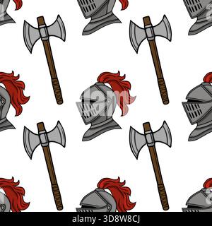 Seamless repeating vector pattern of medieval knight helmets with red plumes and battle axes, showcasing a historical warfare theme with a stylized, g Stock Vector