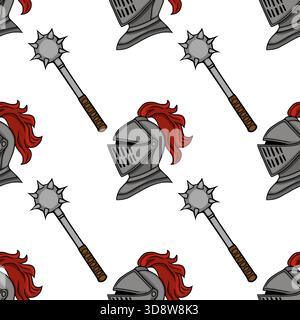 A seamless vector pattern featuring medieval knight helmets with red plumes and spiked maces, rendered in a graphic, illustrative style. Stock Vector