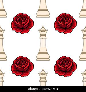 Seamless vector pattern of stylized red roses and cream-colored chess queens on a white background, evoking a regal yet romantic aesthetic. Stock Vector