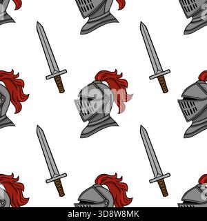 Seamless vector pattern of medieval knight helmets with red plumes and swords, featuring a classic, stylized illustration. Stock Vector