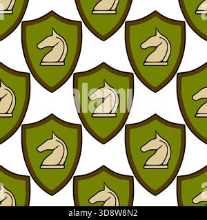 Seamless vector pattern of knight chess pieces on shields with a muted green and brown color palette. Stock Vector
