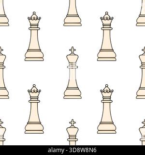 Seamless vector pattern featuring cream-colored chess kings and queens with thick black outlines on a pure white background, ideal for game-themed des Stock Vector