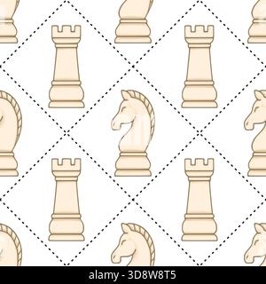 Seamless vector pattern featuring stylized beige chess pieces, rooks, and knights, arranged diagonally with dashed line accents on a white background. Stock Vector