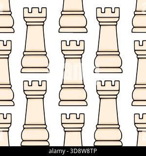 Seamless repeating vector pattern of stylized cream-colored chess rooks with thick black outlines against a clean white background. Stock Vector