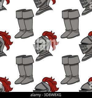Seamless vector pattern of medieval knight's armor, featuring grey helmets with red plumes and matching boots, set against a clean white background. Stock Vector
