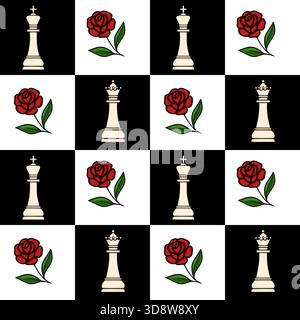 Seamless vector pattern featuring alternating white chess kings and red roses on a black and white checkerboard background. Stock Vector