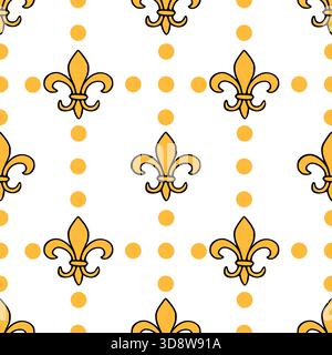 A seamless vector pattern featuring golden fleur-de-lis motifs interspersed with scattered orange polka dots on a clean white background, creating a r Stock Vector