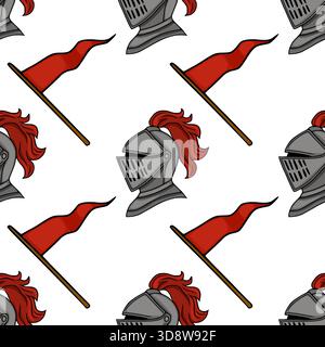 Seamless vector pattern of medieval knight helmets with red fluttering banners, evoking a sense of historical combat and heraldry. Stock Vector