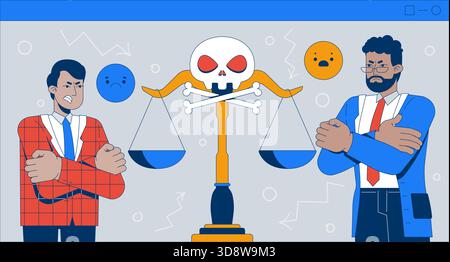 Conflict and moral balance with skull scales 2D mixed media illustration Stock Vector