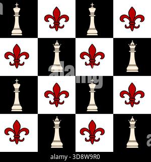 A seamless vector pattern featuring alternating white chess kings and red fleur-de-lis symbols against a stark black and white checkerboard background Stock Vector