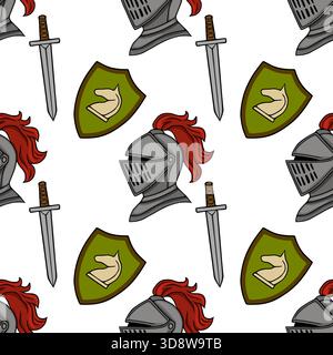 Seamless vector pattern of medieval knight helmets, swords, and shields with a heraldic horse emblem. Stock Vector