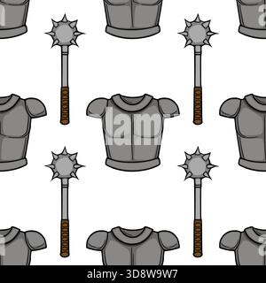 A seamless vector pattern featuring medieval knight's armor and a spiked mace, rendered in a stylized, graphic illustration with a clean, bold outline Stock Vector