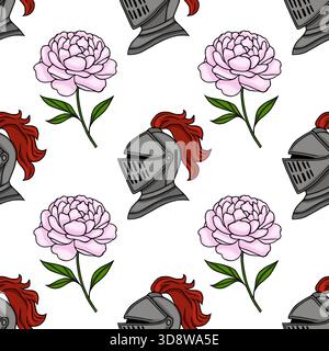Seamless vector pattern of medieval knight helmets with red plumes and delicate pink peonies on a white background. Stock Vector