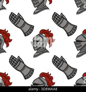 Seamless vector pattern featuring medieval knight helmets and gauntlets with red plumes. Stock Vector