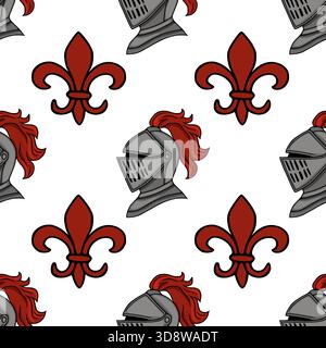 Seamless vector pattern featuring medieval knight helmets and red fleur-de-lis emblems on a white background. Stock Vector