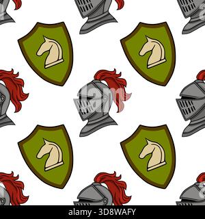 Seamless vector pattern featuring medieval knight helmets with red plumes and green shields bearing a white horse emblem, set against a plain white ba Stock Vector