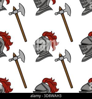 Seamless vector pattern featuring medieval knight helmets with red plumes and battle axes on a white background. Stock Vector