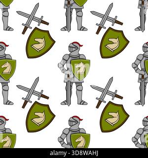 Seamless vector pattern of medieval knights in full armor, holding shields with chess horse emblems and crossed swords, on a white background. Stock Vector