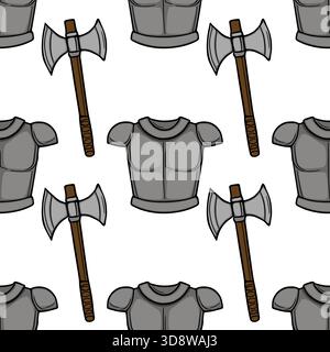 A seamless vector pattern featuring medieval knight's armor and double-bladed axes, rendered in a simple, bold cartoon style with gray and brown tones Stock Vector