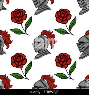 Seamless vector pattern featuring a medieval knight's helmet with a red plume and a vibrant red rose with green leaves, set against a clean white back Stock Vector