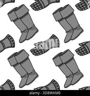 Seamless vector pattern of medieval knight's gauntlets and boots in a grayscale palette, featuring articulated fingers and sturdy footwear. Stock Vector