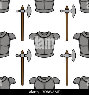 Seamless vector pattern of medieval armor and battle axes, featuring a stylized, illustrative design with bold outlines and flat grey shading. Stock Vector