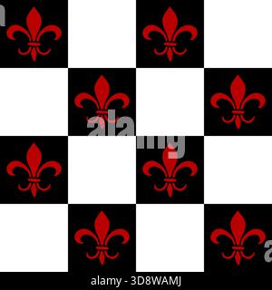 Decorative seamless vector pattern featuring a repeating red fleur-de-lis motif on a black and white checkerboard background. Stock Vector