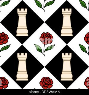 Seamless vector pattern featuring a stylized chessboard background with alternating black and white squares, adorned with ivory chess rooks and vibran Stock Vector