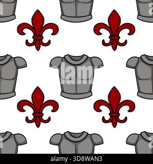 Seamless vector pattern featuring medieval knight's armor and red fleur-de-lis emblems on a white background. Stock Vector