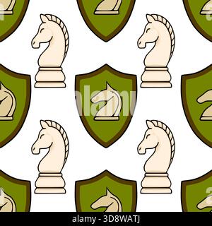 A charming vector seamless pattern featuring stylized chess knight pieces and heraldic shields with horse emblems on a clean white background, perfect Stock Vector