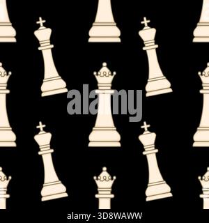 Seamless vector pattern featuring stylized cream-colored chess kings and queens against a stark black background, with subtle shading and thick outlin Stock Vector